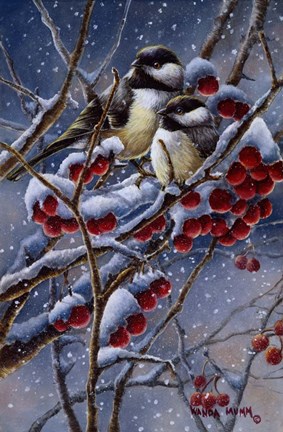 Framed Winter Chickadees And Berries Print