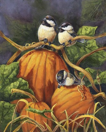 Framed Chickadees And Pumpkins Print