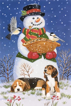 Framed Snowman, Birds and Beagles Print