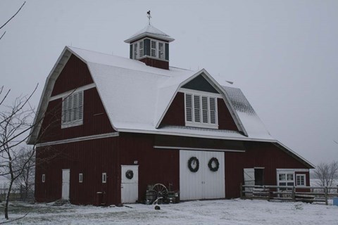 Framed Red Barn in Winter Print