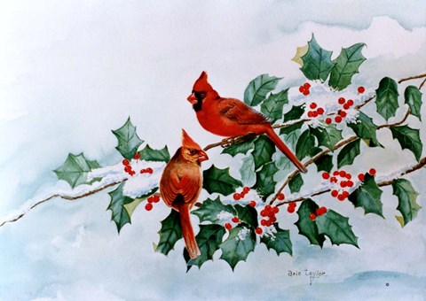 Framed Cardinals and Holly Berries Print
