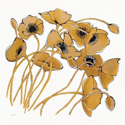 Framed Gold Black Line Poppies II Print