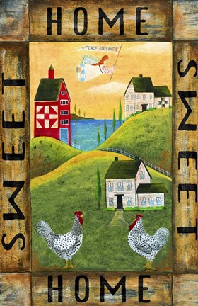 Framed Home Sweet Home Chicken Rooster Angel Flag- Print