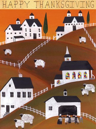 Framed Pilgrim and Sheep Happy Thanksgiving Print