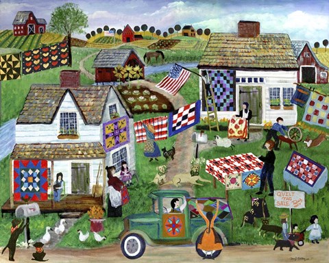 Framed Country Folk Art Quilt Tag Sale Print
