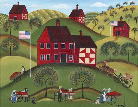 Framed Primitive Americana Red Apple Barn Print