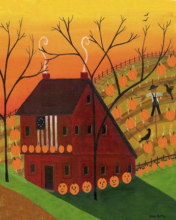 Framed Sunset Pumpkin Saltbox Print