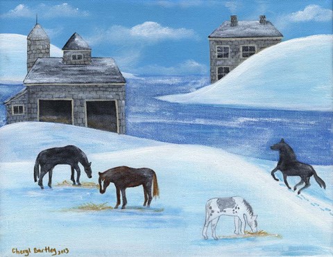 Framed Horses In Snow By River Folk Art Print