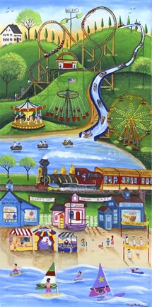 Framed Carnival Train Rides by the Beach Print