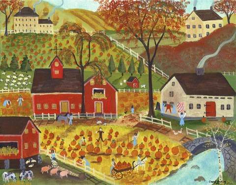 Framed Country Farm Pumpkin Pickers Print