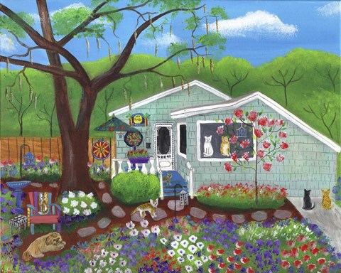 Framed Cats and Dog at Garden Folk Art House Print