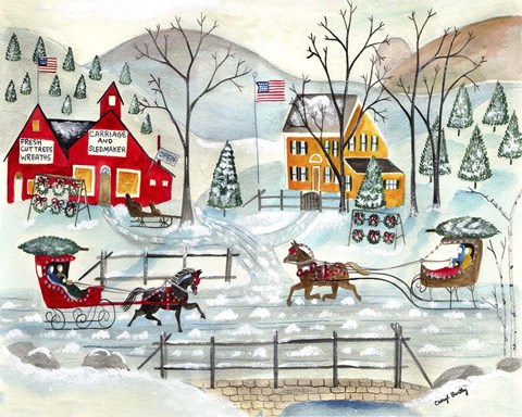 Framed Fresh Christmas Trees and Sled Maker Print