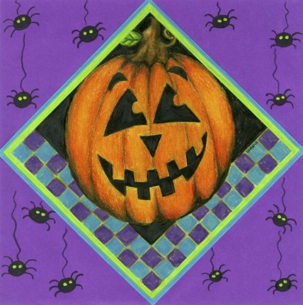Framed Jack o Lantern with Purple Spiders Print