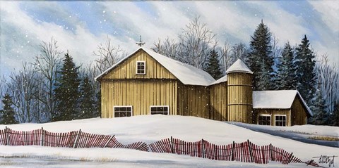 Framed Yellow Barn Winter 2 Print