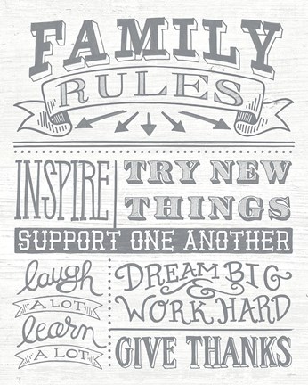 Framed Family Rules II Gray Words Print
