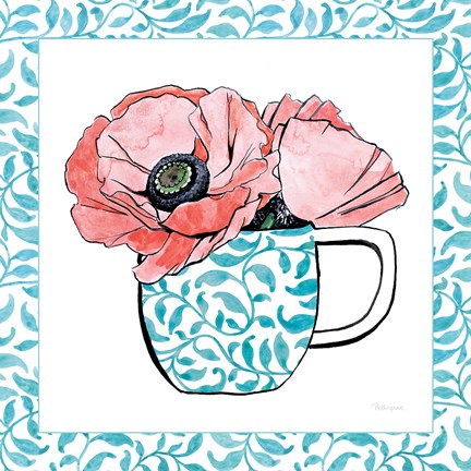 Framed Floral Teacup II Vine Border Print