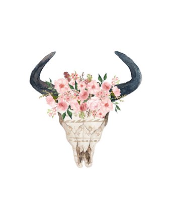 Framed Pink Floral Bull Skull Print