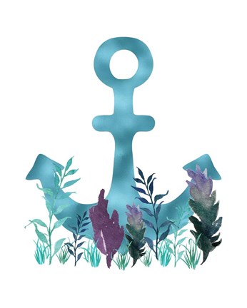 Framed Teal Florals Blue Anchor Print