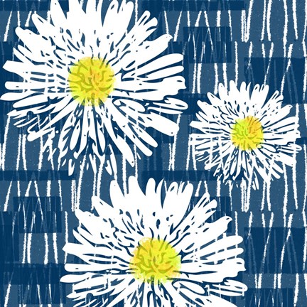 Framed White Flowers on Blue Print