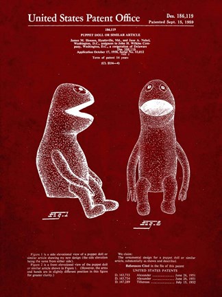 Framed Puppet Doll Patent - Burgundy Print