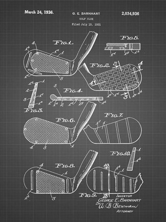 Framed Golf Club Patent - Black Grid Print