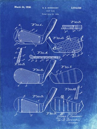 Framed Golf Club Patent - Faded Blueprint Print
