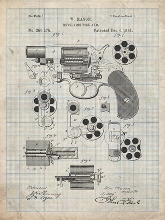 Framed Revolving Fire Arm Patent - Antique Grid Parchment Print