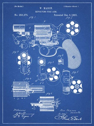Framed Revolving Fire Arm Patent - Blueprint Print