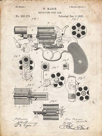 Framed Revolving Fire Arm Patent - Vintage Parchment Print