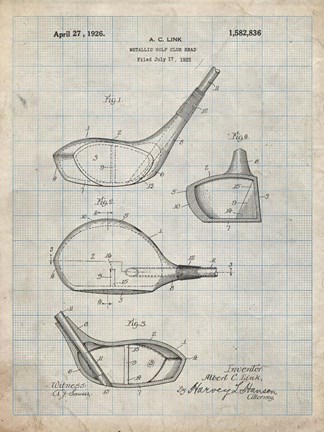 Framed Metallic Golf Club Head Patent - Antique Grid Parchment Print