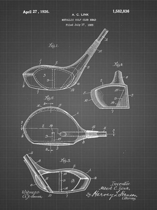 Framed Metallic Golf Club Head Patent - Black Grid Print