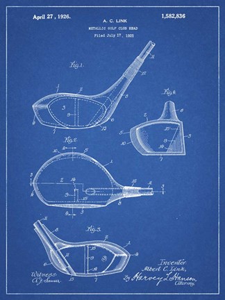 Framed Metallic Golf Club Head Patent - Blueprint Print