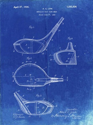 Framed Metallic Golf Club Head Patent - Faded Blueprint Print