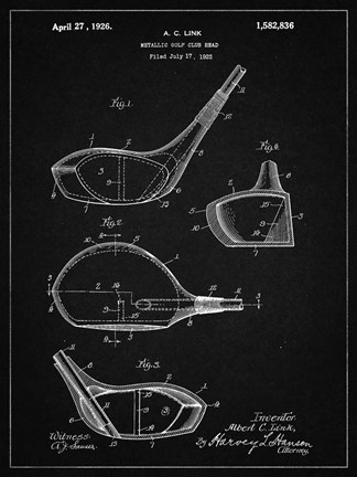Framed Metallic Golf Club Head Patent - Vintage Black Print