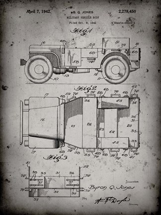 Framed Military Vehicle Body Patent - Faded Grey Print