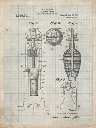 Framed Explosive Missile Patent - Antique Grid Parchment Print