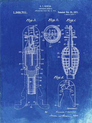Framed Explosive Missile Patent - Faded Blueprint Print
