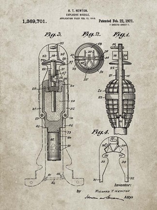 Framed Explosive Missile Patent - Sandstone Print