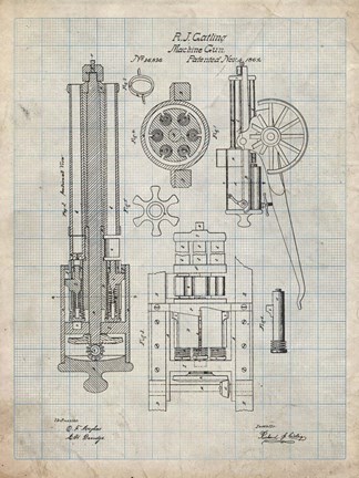 Framed Machine Gun Patent - Antique Grid Parchment Print