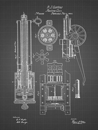 Framed Machine Gun Patent - Black Grid Print