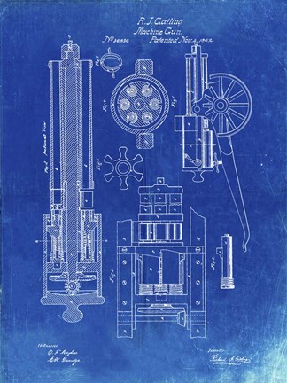 Framed Machine Gun Patent - Faded Blueprint Print