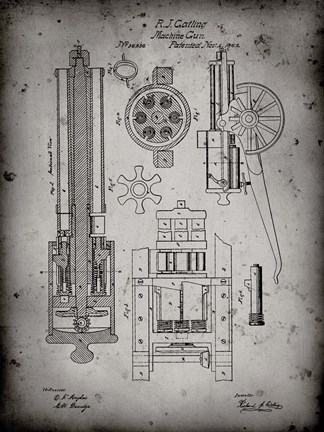 Framed Machine Gun Patent - Faded Grey Print