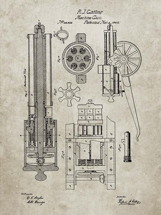 Framed Machine Gun Patent - Sandstone Print