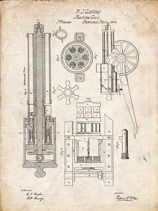 Framed Machine Gun Patent - Vintage Parchment Print