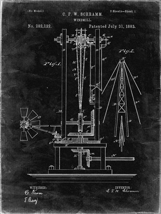 Framed Windmill Patent - Black Grunge Print