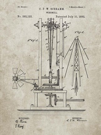 Framed Windmill Patent - Sandstone Print