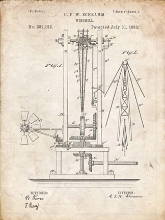 Framed Windmill Patent - Vintage Parchment Print