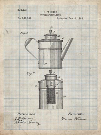Framed Coffee Percolator Patent - Antique Grid Parchment Print