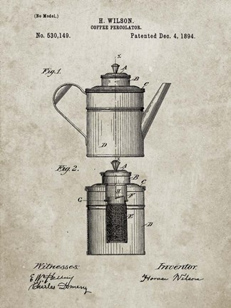Framed Coffee Percolator Patent - Sandstone Print