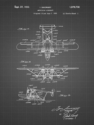Framed Amphibian Aircraft Patent - Black Grid Print